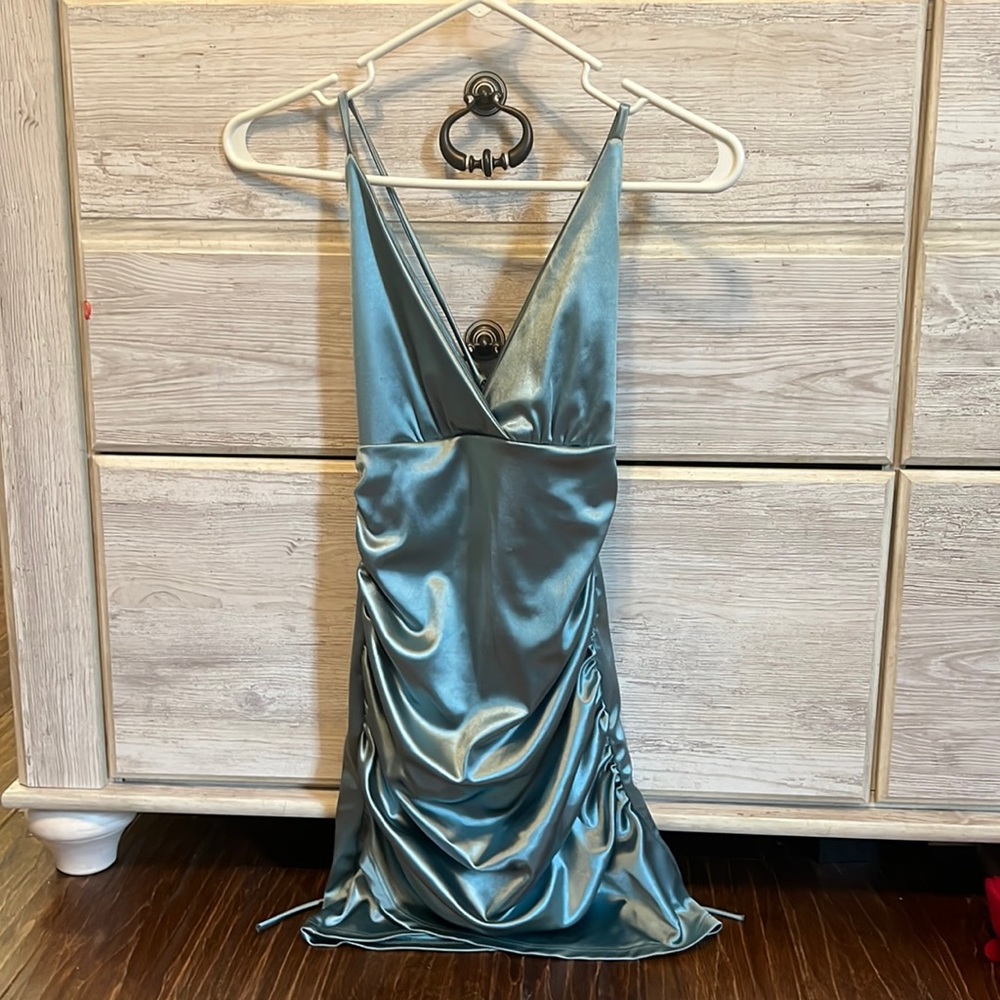 Turquoise blue satin dress